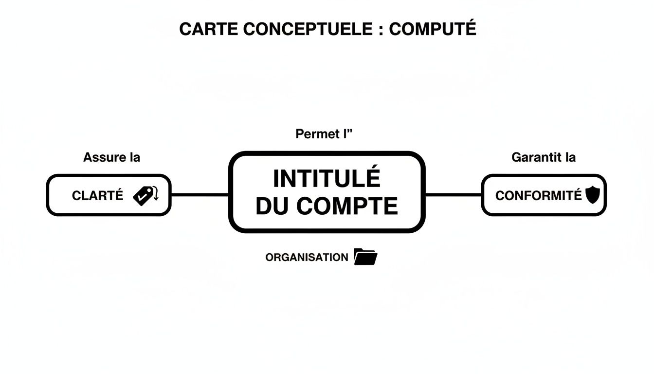 Carte conceptuelle détaillant l'importance de l'intitulé du compte pour la clarté, la conformité et l'organisation.