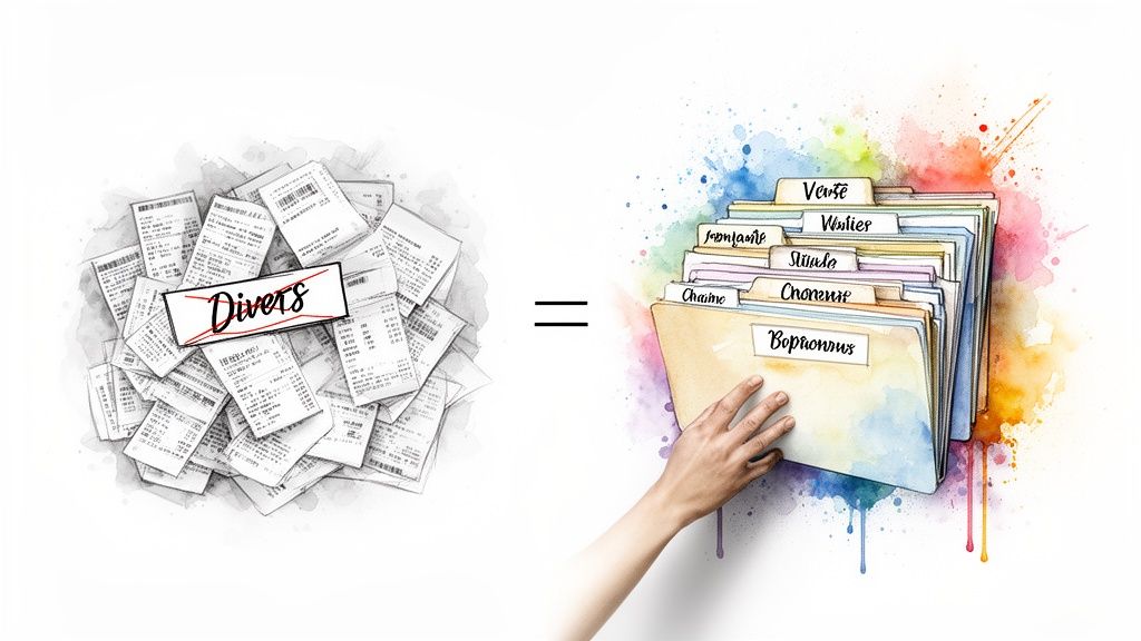 L'image compare des reçus non classés barrés 'Divers' à des dossiers organisés et colorés pour une gestion claire.