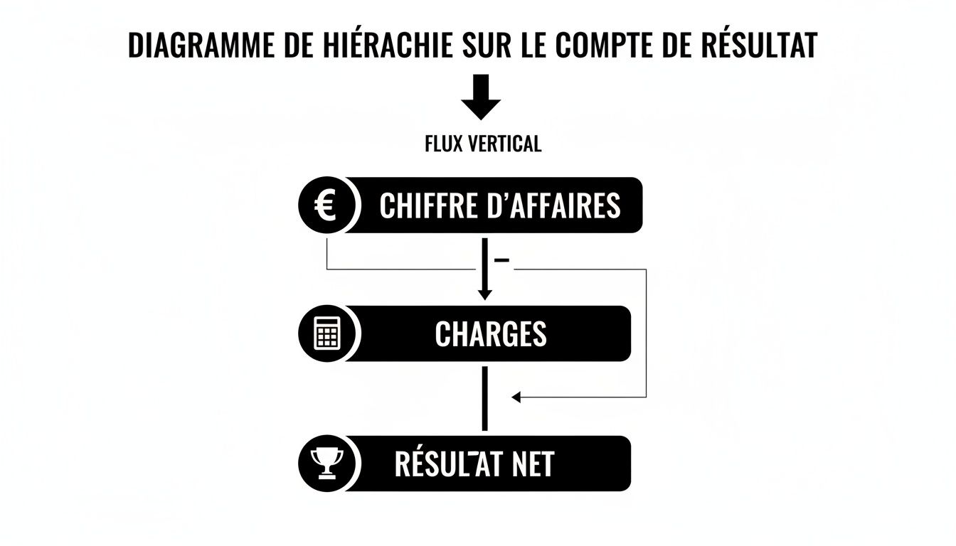 Diagramme hiérarchique du compte de résultat montrant le calcul du résultat net à partir du chiffre d'affaires et des charges.