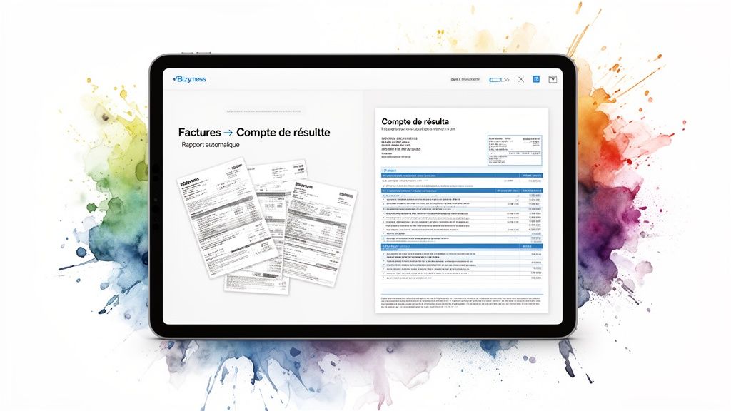 Une tablette affiche un compte de résultat généré automatiquement à partir de factures numérisées.