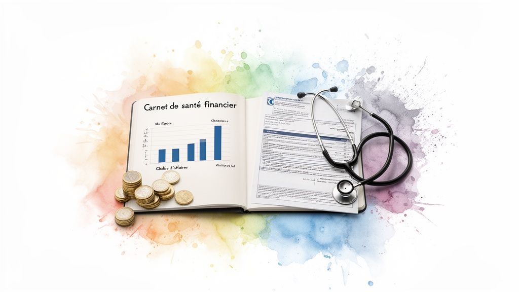 Un livre ouvert intitulé "Carnet de santé financier" avec graphiques, piles de pièces d'euros et un stéthoscope.