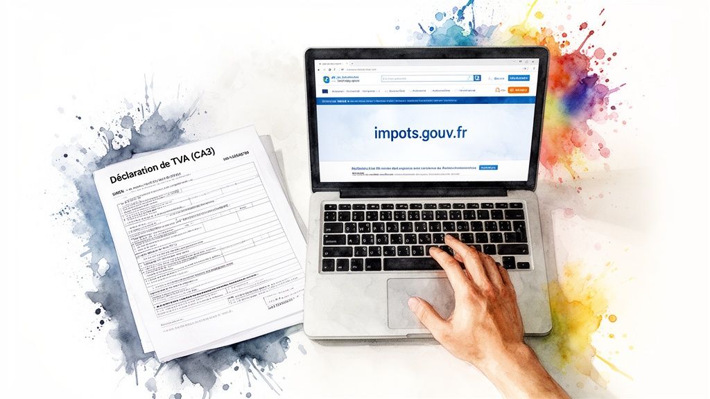 Déclaration de TVA en ligne sur impots.gouv.fr avec un formulaire papier à côté d'un ordinateur portable.