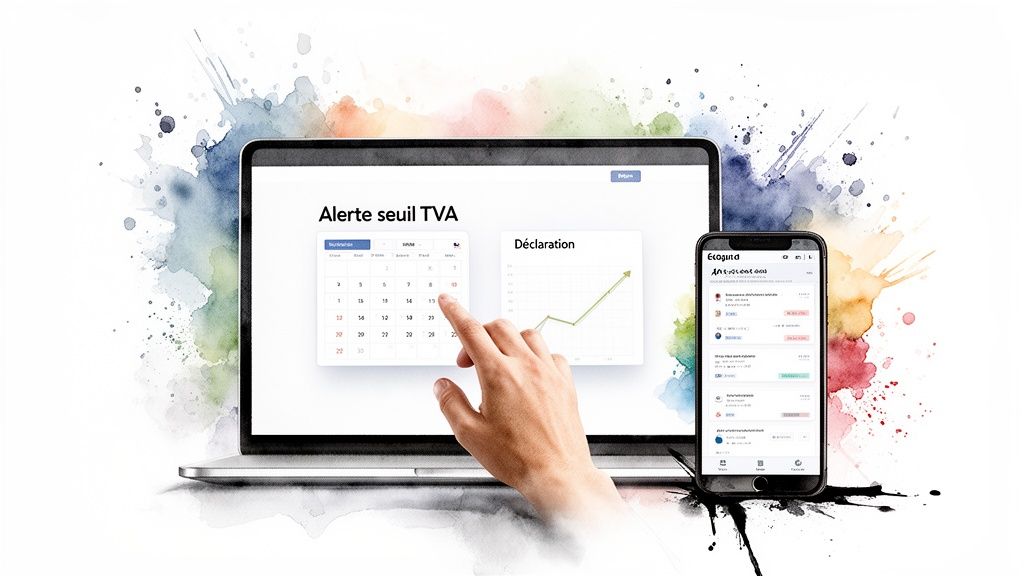 Un ordinateur portable affichant une alerte de seuil TVA avec un calendrier et un graphique. Un smartphone est à côté, montrant une application financière.