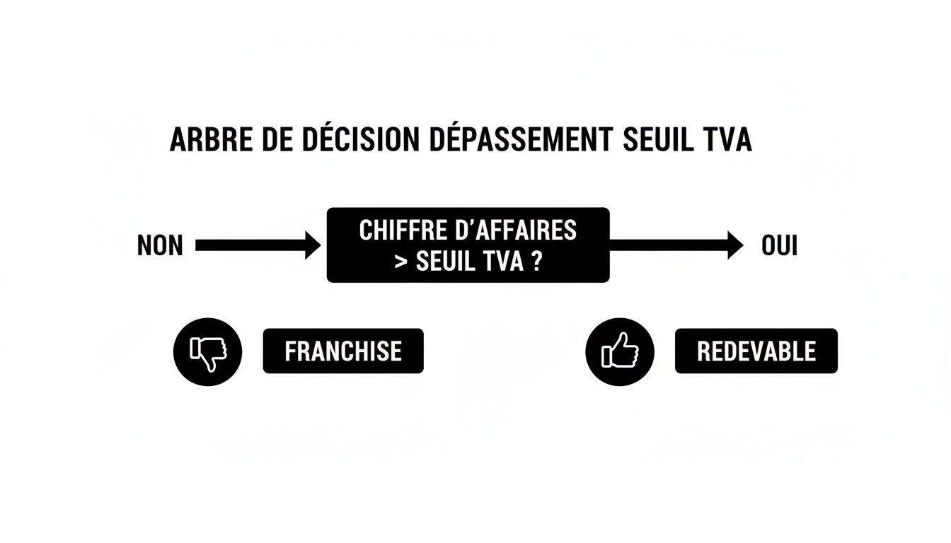 Arbre de décision pour le dépassement du seuil de TVA, illustrant les options franchise ou redevable.