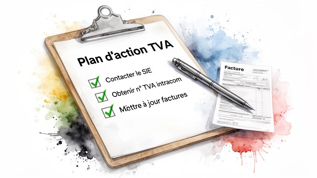 Plan d'action TVA sur presse-papiers, avec liste de tâches cochées, facture et stylo. Gestion de la TVA.