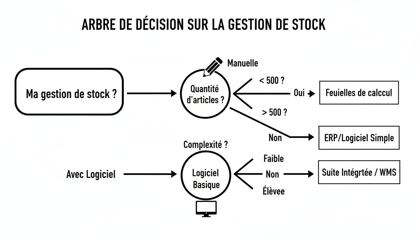 Arbre de décision pour choisir la solution de gestion de stock adaptée selon la quantité d'articles et la complexité.