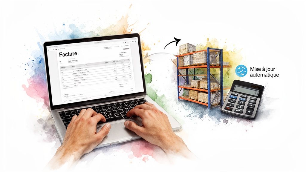 Personne utilisant un ordinateur portable affichant une facture, avec un entrepôt et une calculatrice, symbolisant la mise à jour automatique des stocks.
