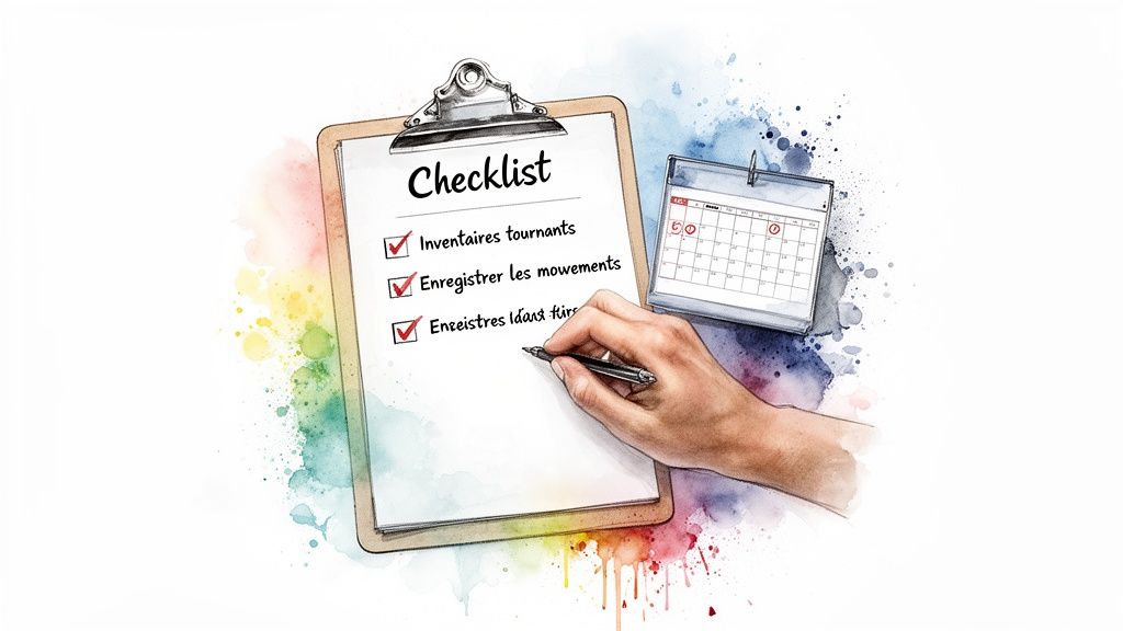 Une main coche des tâches sur une checklist de gestion de stock, près d'un calendrier marquant des dates importantes.