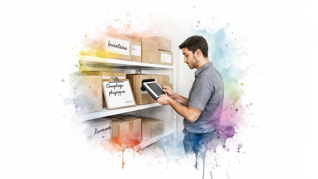 Un homme utilise une tablette numérique pour réaliser l'inventaire des stocks dans un entrepôt organisé avec des boîtes étiquetées.