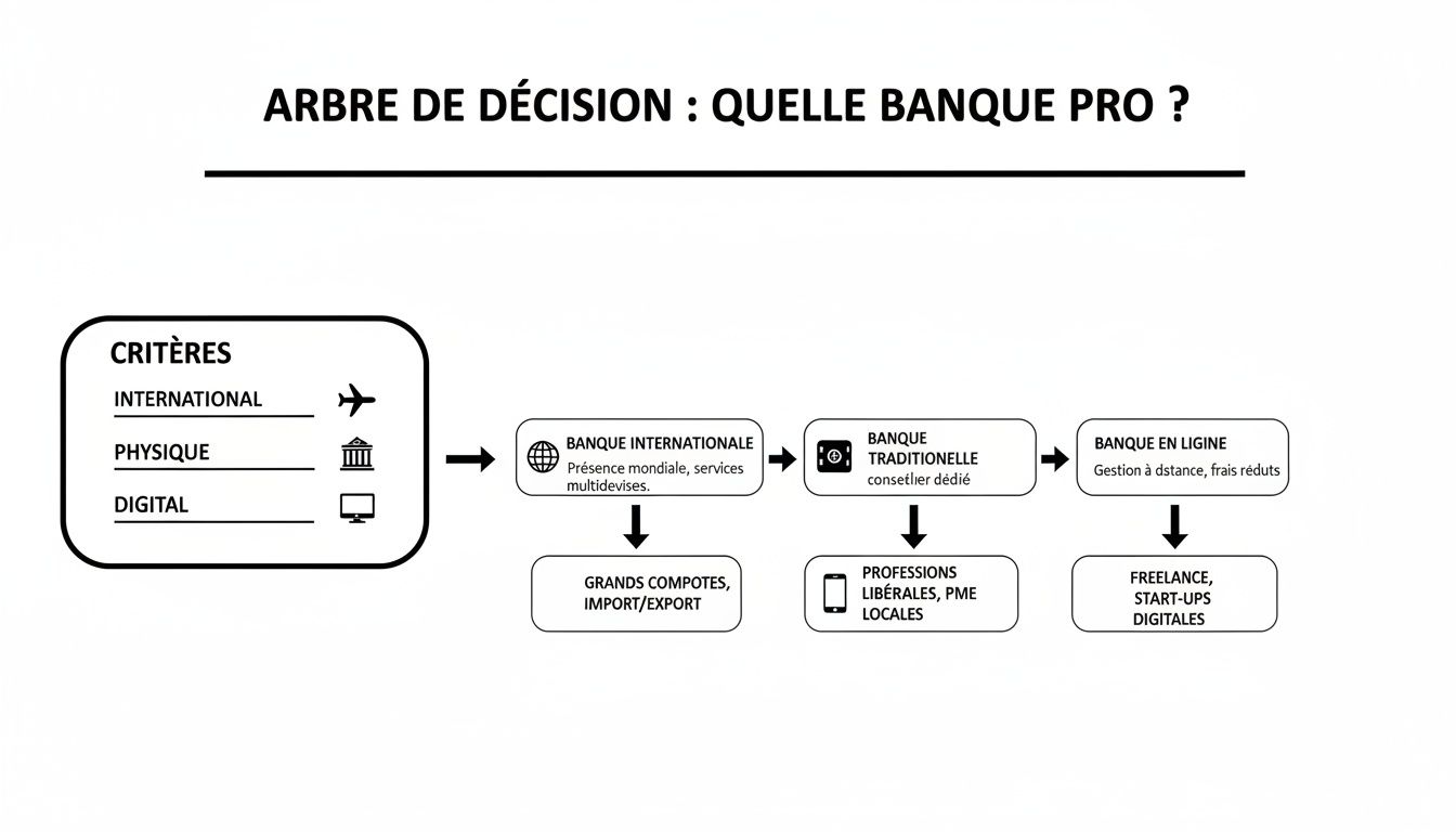 Arbre de décision pour choisir la banque professionnelle idéale selon vos besoins spécifiques.