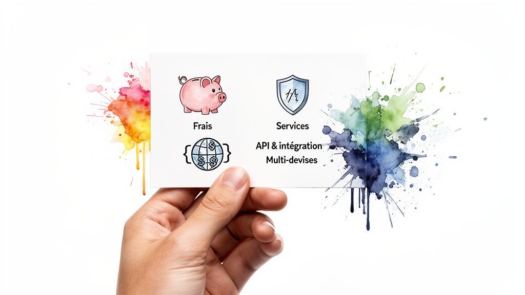 Une main tient une carte blanche présentant des icônes et textes : Frais, Services, API & intégration, Multi-devises, sur fond de taches de peinture colorées.
