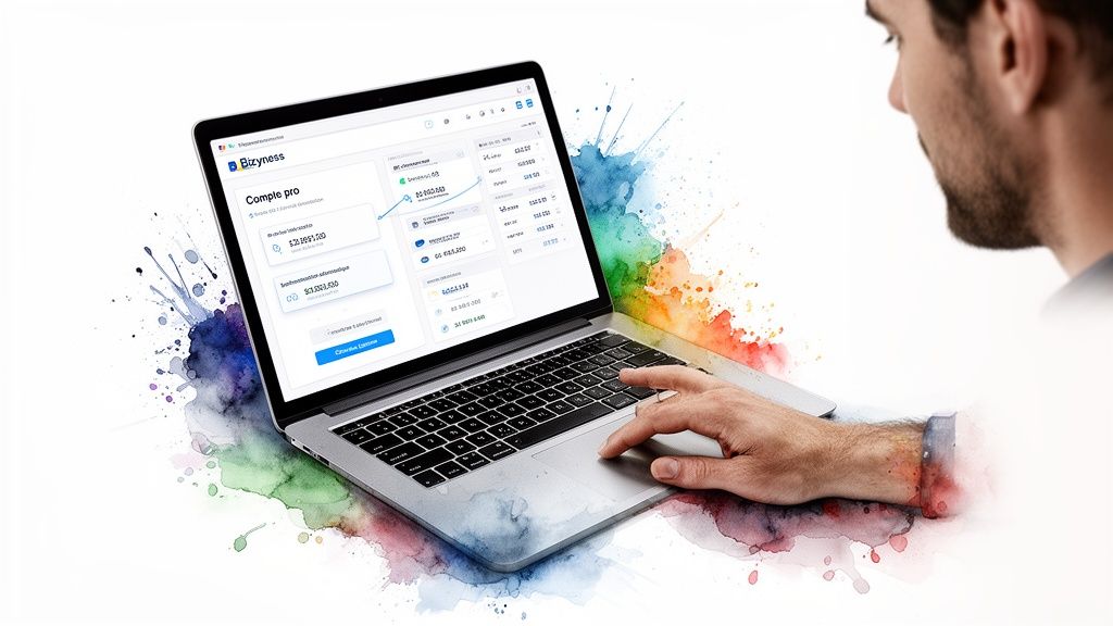 Un homme utilise un ordinateur portable affichant une application bancaire professionnelle, avec des éclaboussures d'aquarelle.