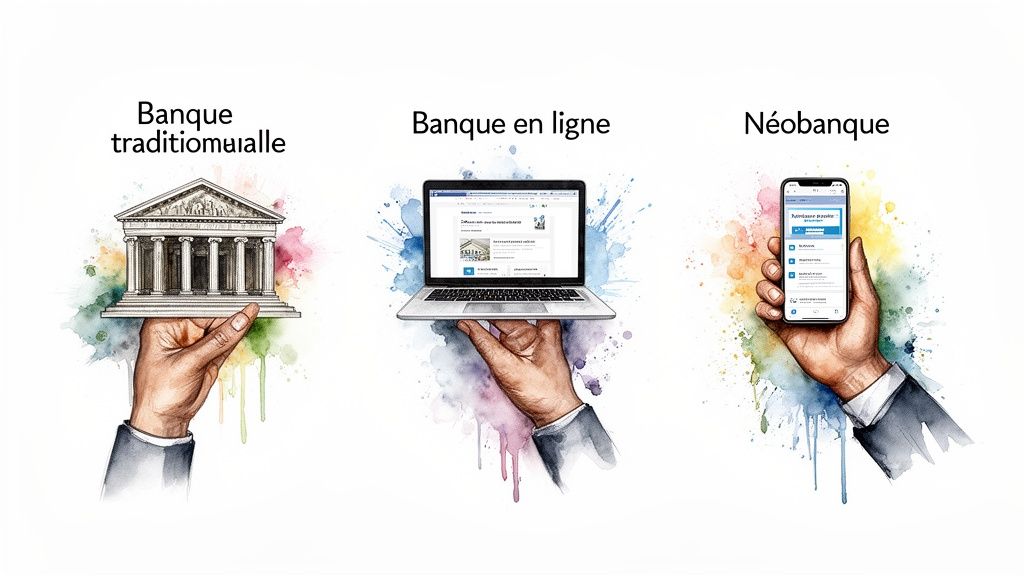 Trois mains présentant un bâtiment bancaire traditionnel, un ordinateur portable pour la banque en ligne et un smartphone pour la néobanque.