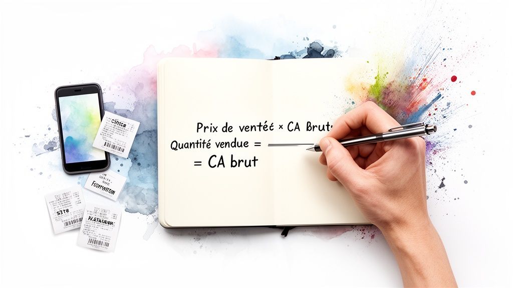 Une main écrit une formule de calcul du chiffre d'affaires brut sur un carnet, entourée d'un smartphone et de reçus.