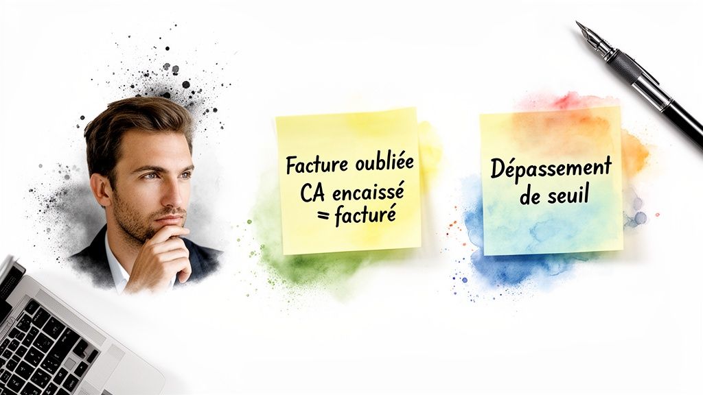 Homme d'affaires réfléchissant avec des notes post-it sur la facturation et les seuils de chiffre d'affaires.