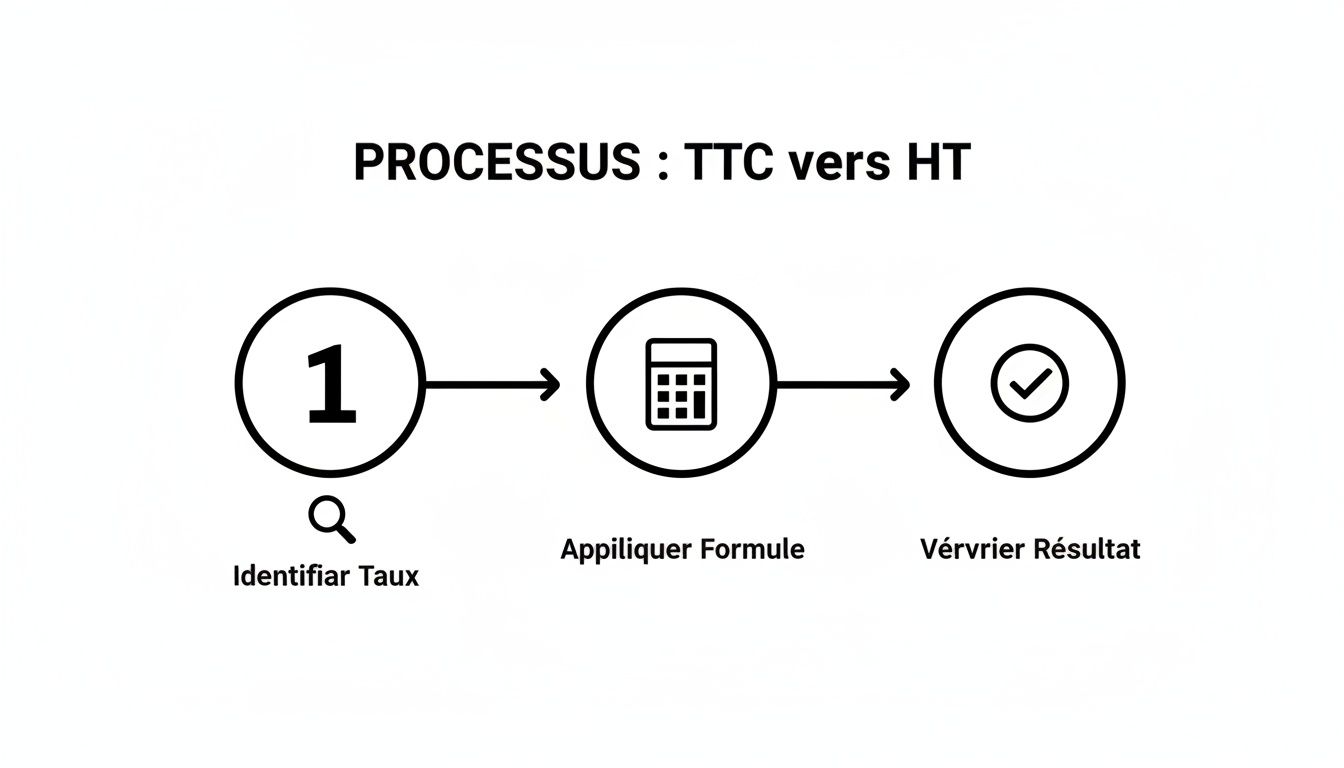 Diagramme illustrant le processus de conversion TTC vers HT en trois étapes : identifier le taux, appliquer la formule et vérifier le résultat.
