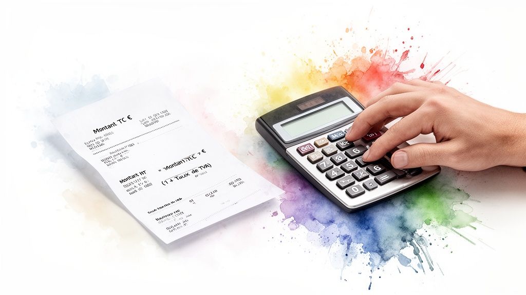 Main utilisant une calculatrice à côté d'une facture. Calcul des montants TTC et HT sur fond aquarelle.