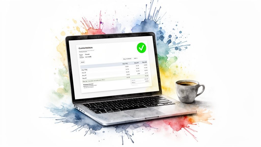 Ordinateur portable affichant des calculs de prix TTC et HT, avec une tasse de café, sur fond d'aquarelle colorée.