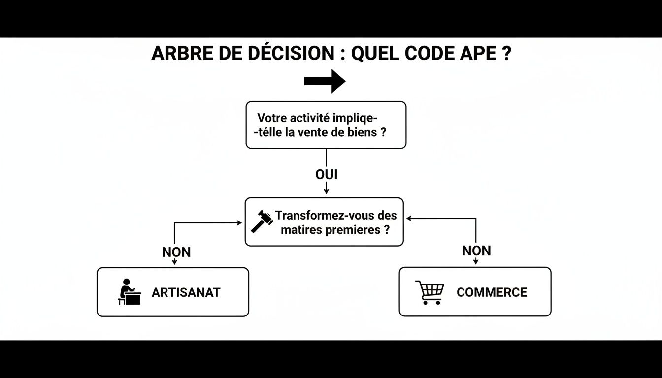 Arbre de décision pour trouver le code APE, différenciant artisanat et commerce en fonction de la transformation de matières premières.