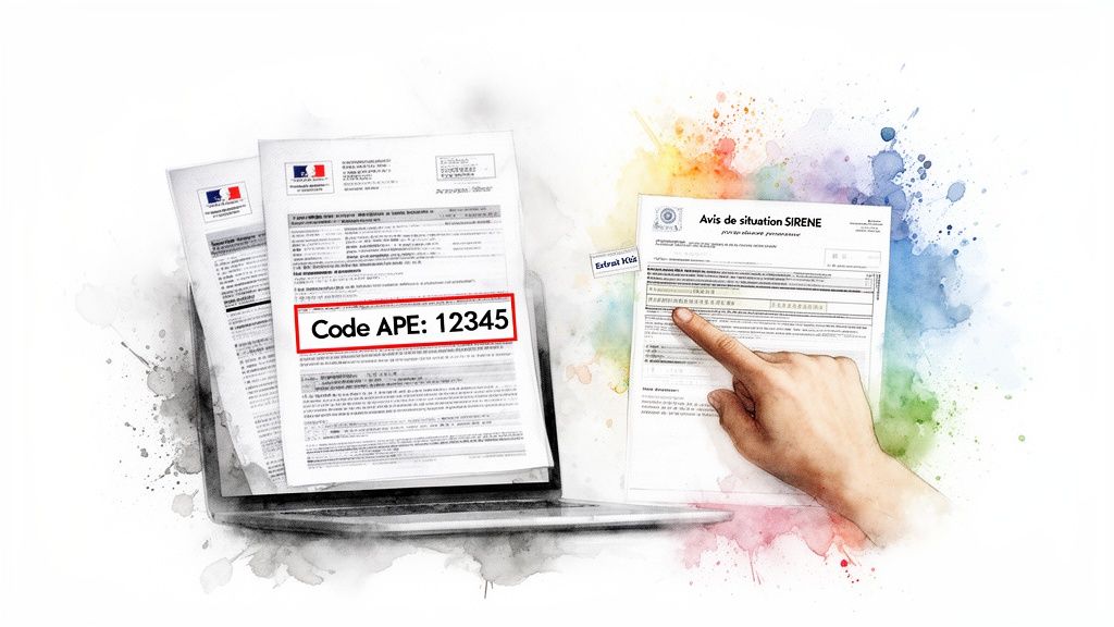 Documents administratifs français affichant un Code APE et un avis de situation SIRENE sur un ordinateur portable, avec une main pointant.