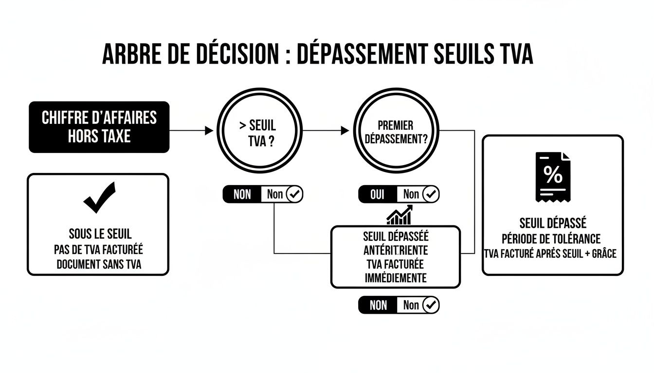 Arbre de décision expliquant les règles de dépassement des seuils de TVA et leurs conséquences fiscales.
