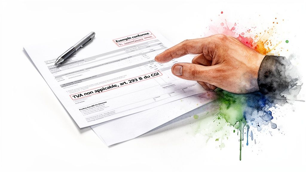 Main pointant sur un document fiscal avec la mention "TVA non applicable", accompagné d'un stylo et d'éléments d'aquarelle.