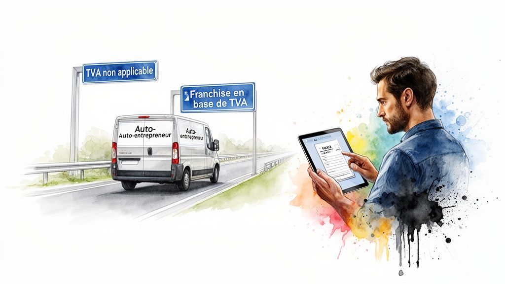 Un auto-entrepreneur visualise des options de TVA sur tablette, avec des panneaux indiquant "TVA non applicable" et "Franchise en base de TVA".