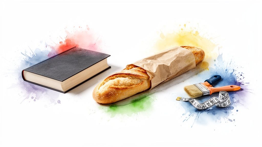 Un livre, une baguette, un pinceau et un mètre ruban, entourés d'éclaboussures d'aquarelle colorées.