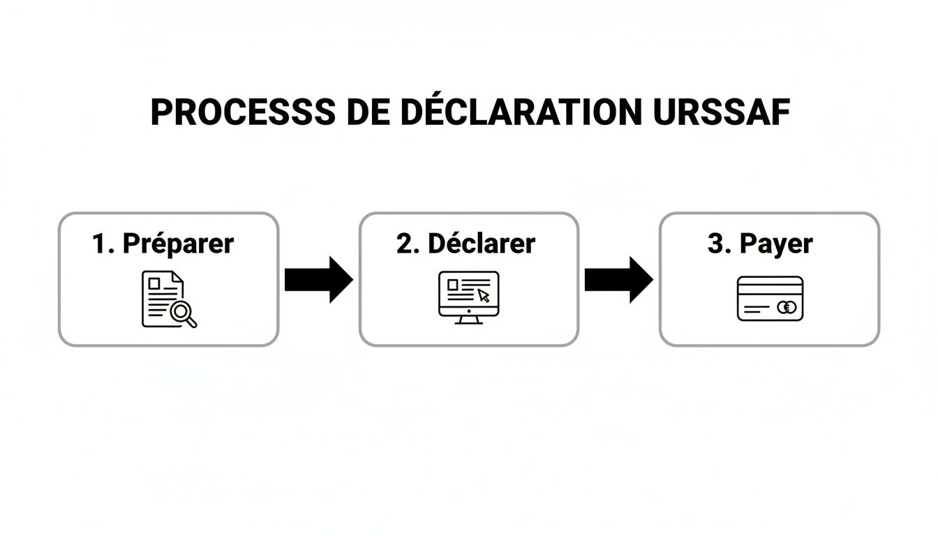 Illustration du processus de déclaration URSSAF en 3 étapes : préparer, déclarer et payer en ligne.