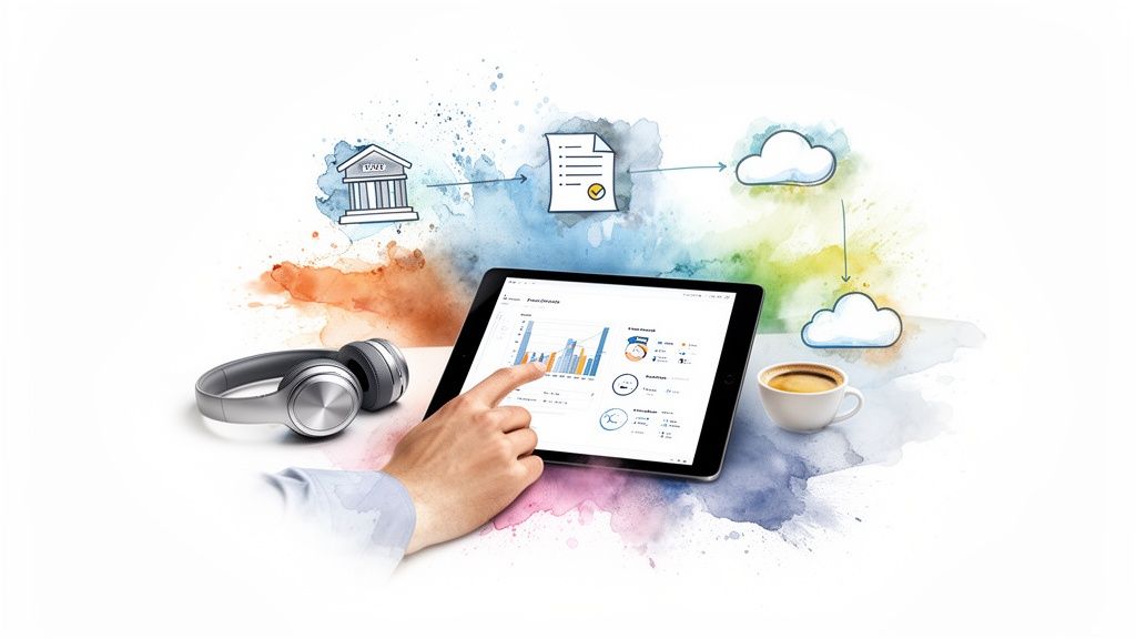 Une main utilise une tablette affichant des graphiques financiers, avec des écouteurs et une tasse de café. Un flux de données illustré (banque, document, cloud) se déroule en arrière-plan.