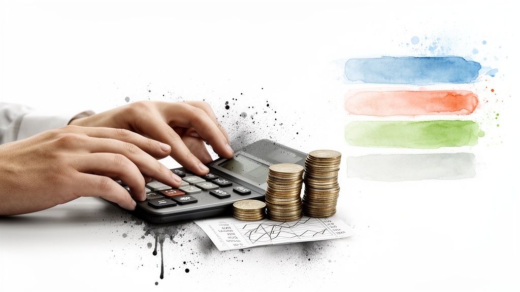 Mains tapant sur une calculatrice à côté de piles de pièces de monnaie, un graphique et des bandes de couleur pour l'analyse financière.
