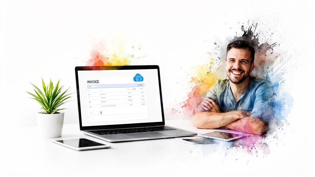 Un homme souriant à côté d'un ordinateur portable affichant une facture électronique, avec des appareils mobiles et une plante.