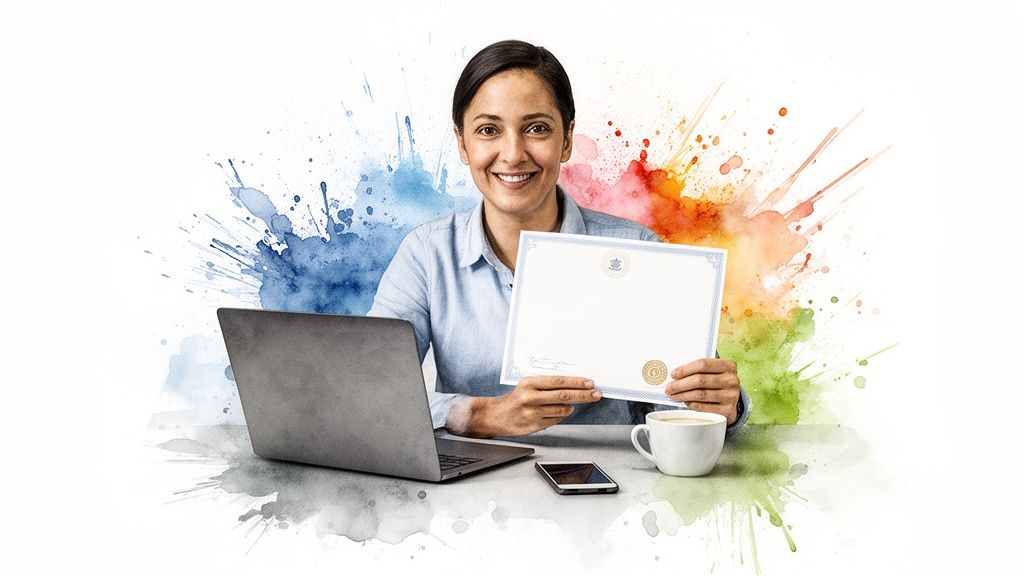 Une femme souriante tient un diplôme, assise à un bureau avec un ordinateur portable et des éclaboussures de peinture colorées.
