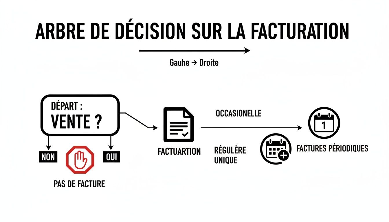 Arbre de décision expliquant quand et comment facturer une vente, incluant les options occasionnelles et périodiques.