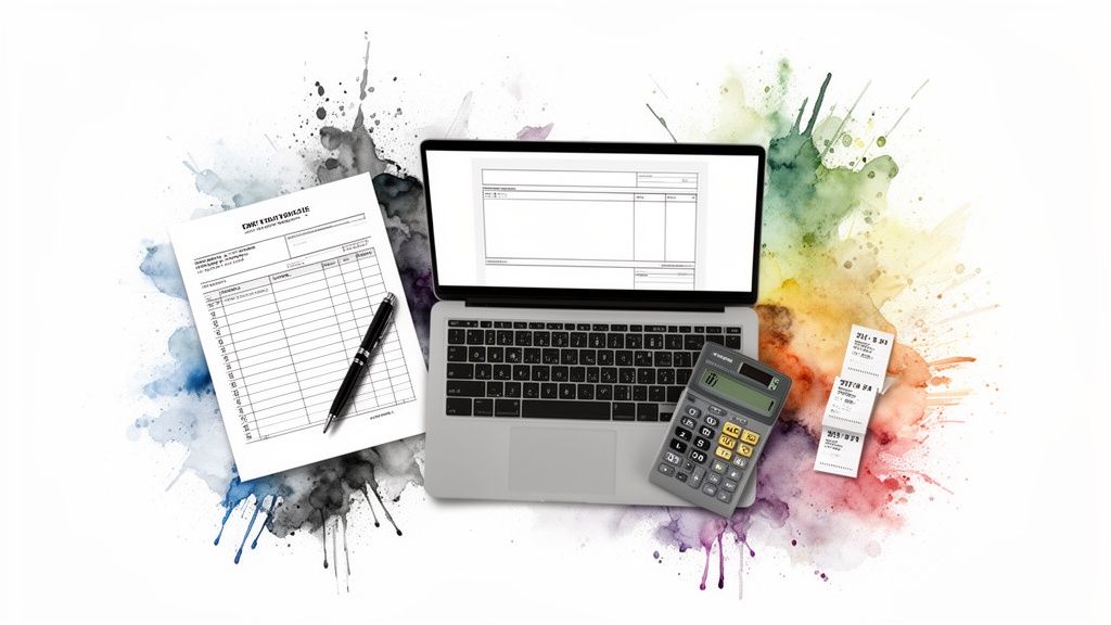 Ordinateur portable, calculatrice, stylo, et documents de facturation sur un fond blanc abstrait avec des taches de couleur.