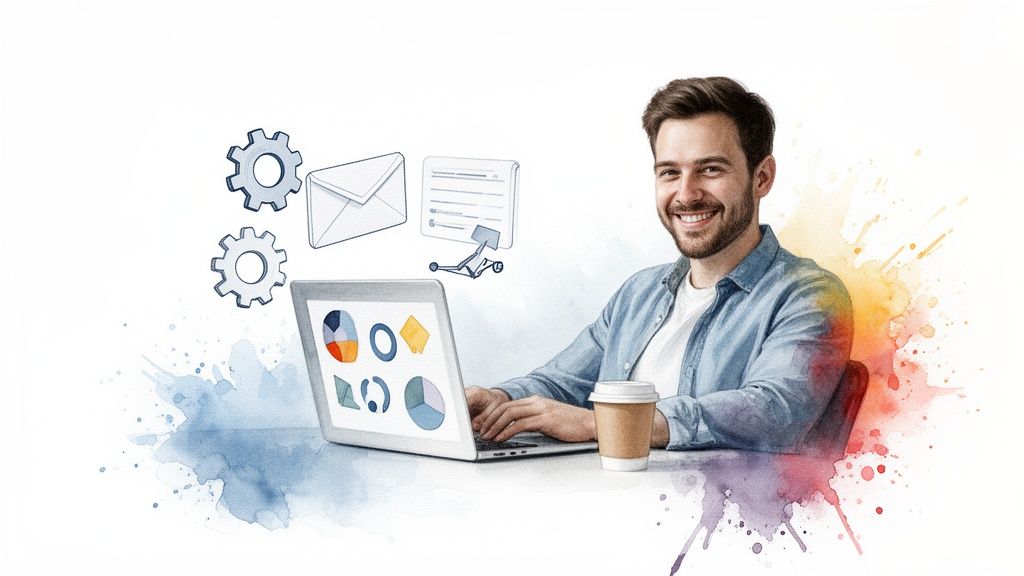 Un homme souriant travaille sur un ordinateur portable, entouré d'icônes d'affaires et d'éclaboussures d'aquarelle.