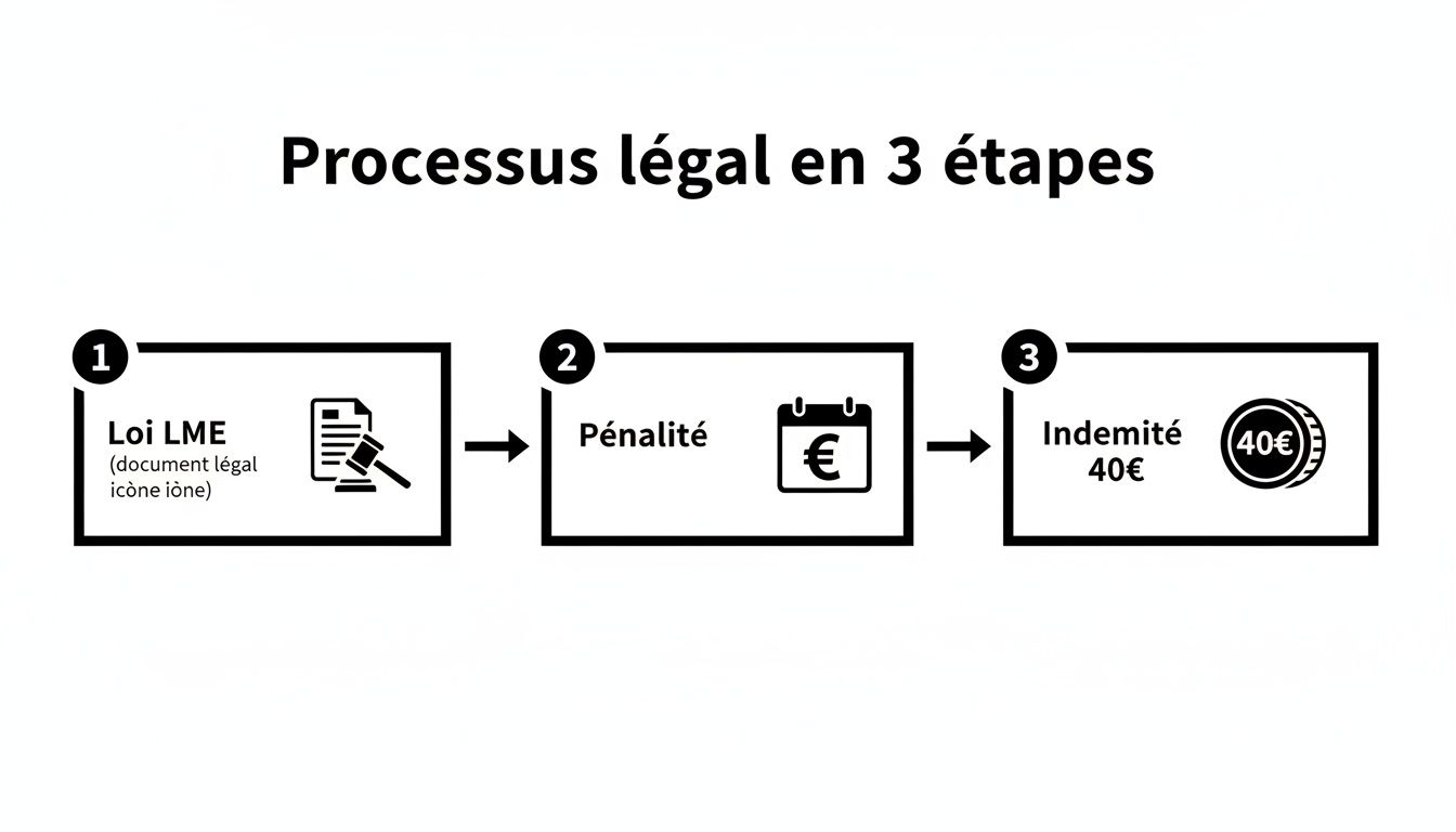 Diagramme illustrant le processus légal en 3 étapes: Loi LME, pénalité financière et indemnité de 40 euros.