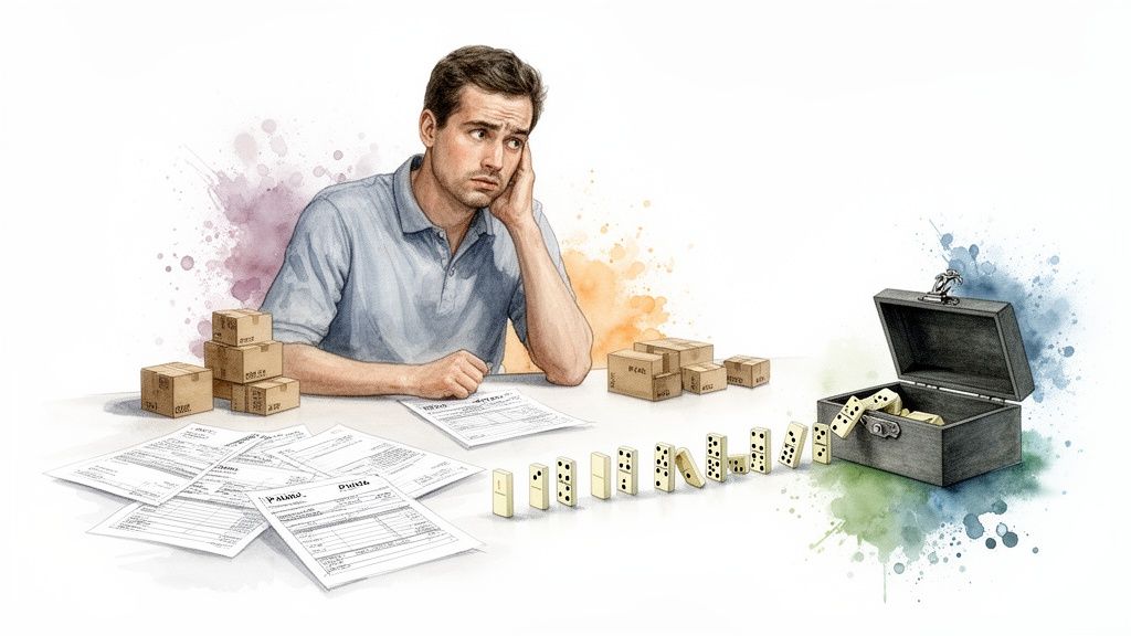 Un homme préoccupé par des documents, des cartons et des dominos tombants, symbolisant le stress et les conséquences.