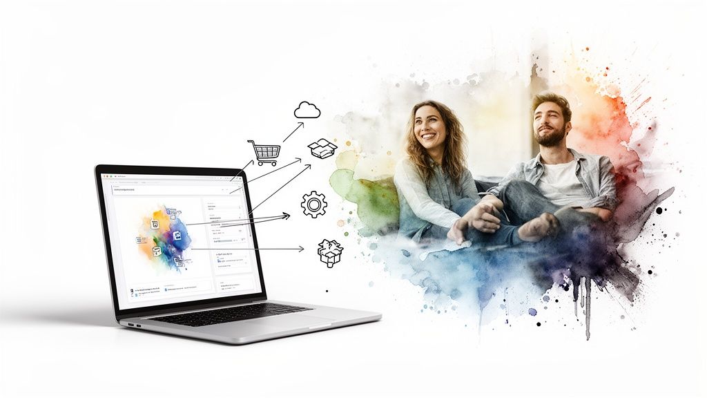 Un ordinateur portable affiche une interface colorée avec des icônes (panier, nuage, engrenage) reliant à un couple souriant en arrière-plan.