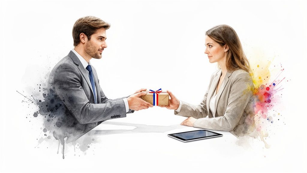 Un homme et une femme en tenue d'affaires échangent un coffret cadeau, dans un style aquarelle.