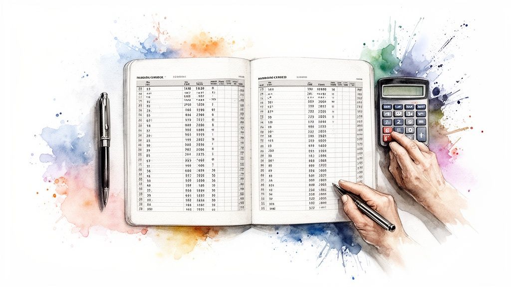 Mains utilisant une calculatrice et un stylo sur un grand livre ouvert, sur fond d'aquarelle. Illustration conceptuelle de la comptabilité.
