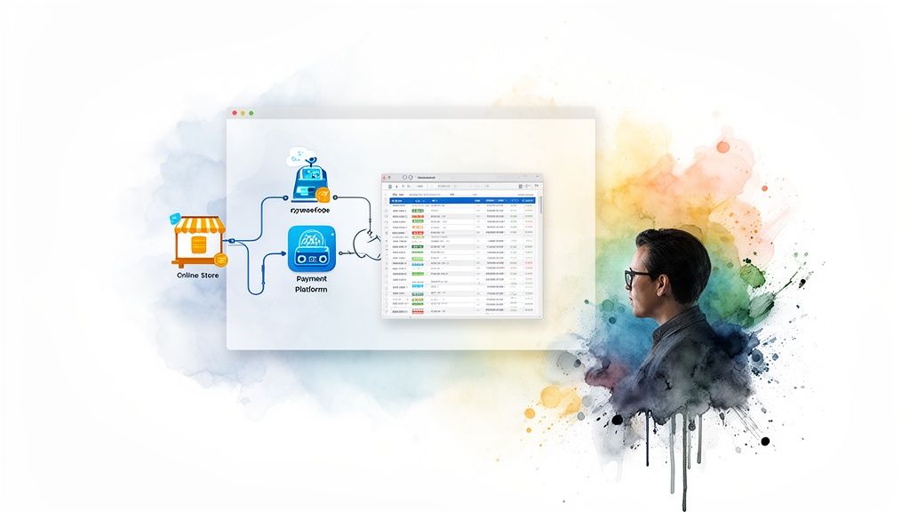 Un homme en lunettes regarde un diagramme de flux d'un magasin en ligne, d'une plateforme de paiement et de données, sur un fond aquarelle.