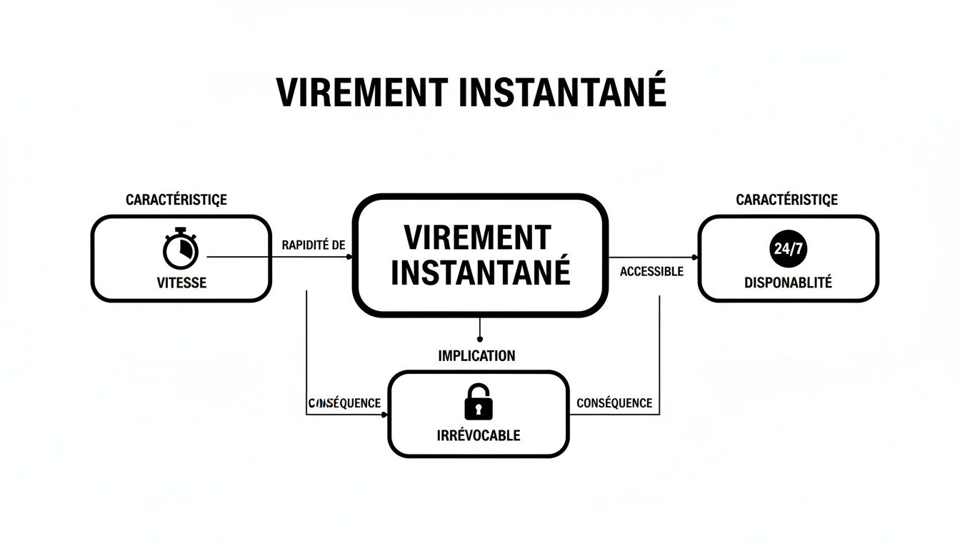 Diagramme conceptuel détaillant les caractéristiques (vitesse, disponibilité) et l'implication (irrévocable) d'un virement instantané.