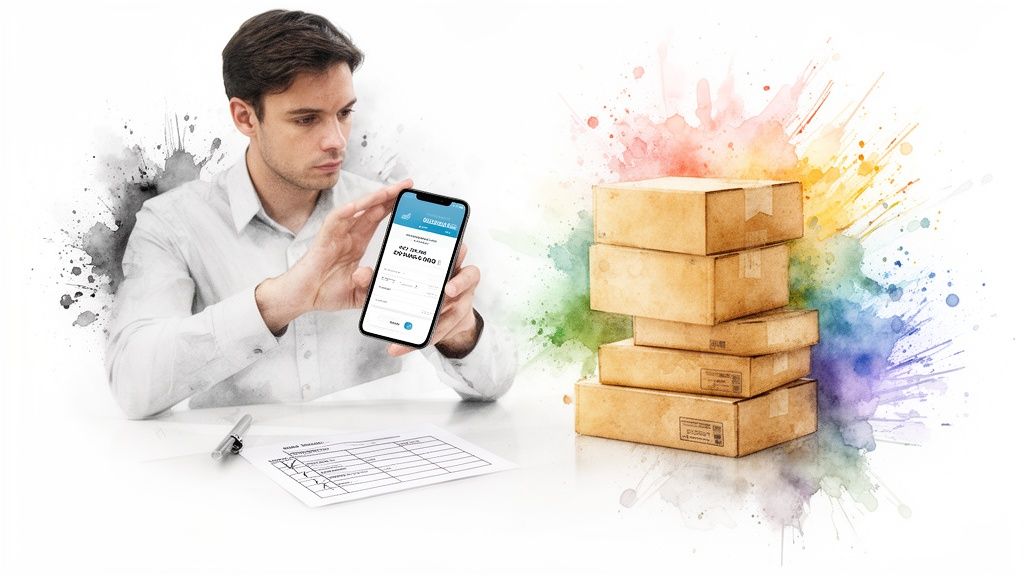 Un homme utilise une application mobile pour gérer des colis et des expéditions.