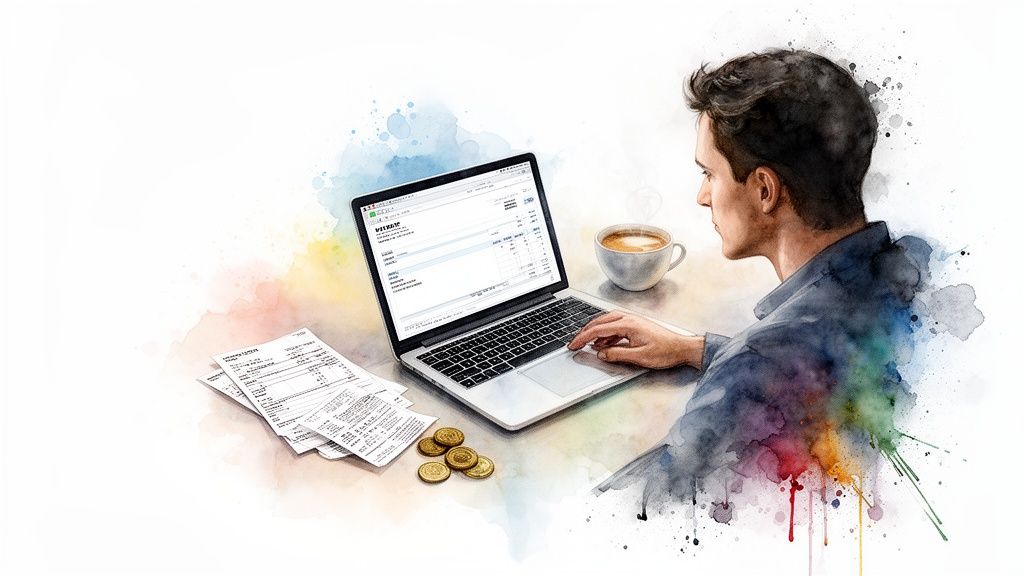 Homme concentré travaillant sur un ordinateur portable avec des factures, des pièces et une tasse de café, style aquarelle.