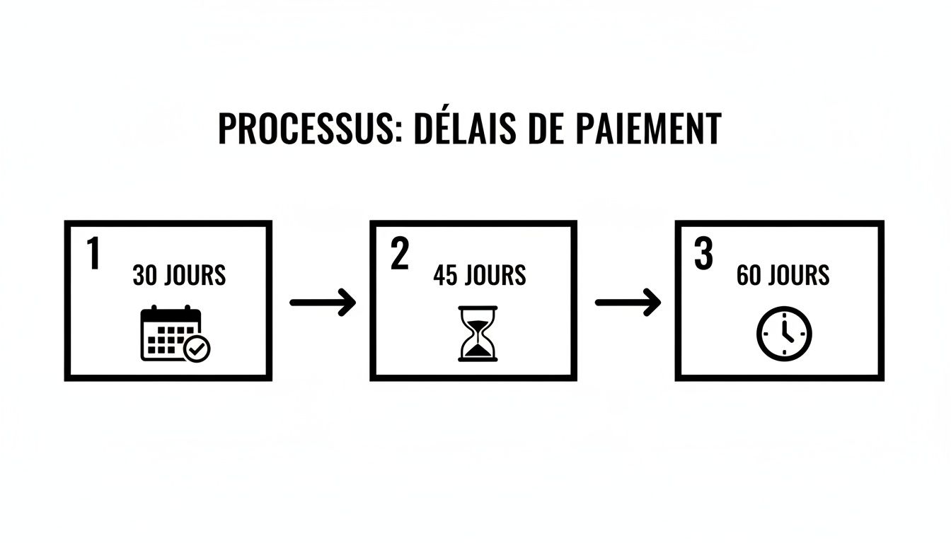 Infographie du processus de délais de paiement en trois étapes, illustrées par des icônes de calendrier et d'horloge.