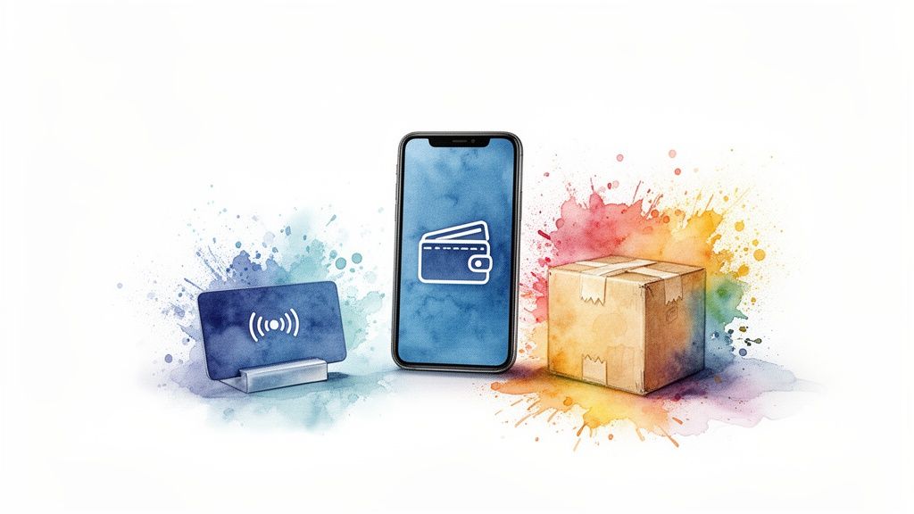 Carte sans contact, smartphone avec portefeuille numérique et colis, illustrant les paiements en ligne et la livraison.