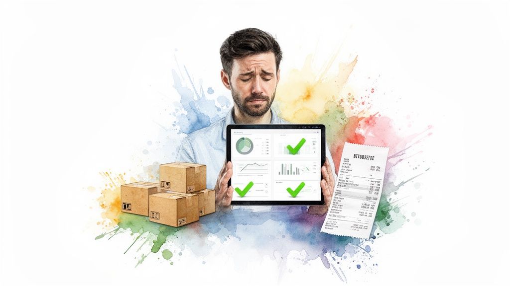 Homme inquiet tenant une tablette avec des analyses, entouré de colis et d'un reçu.