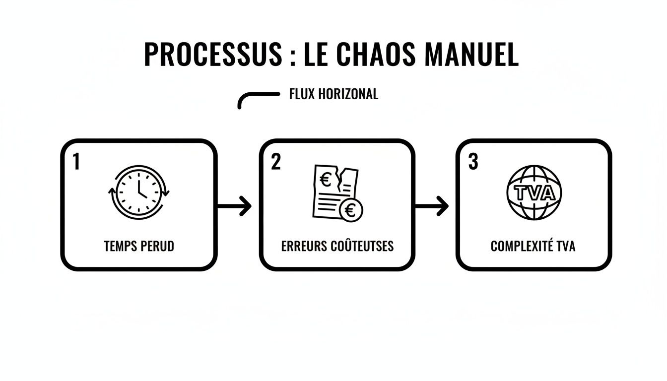 Schéma représentant les étapes d'un processus manuel chaotique : temps perdu, erreurs coûteuses et complexité de la TVA.