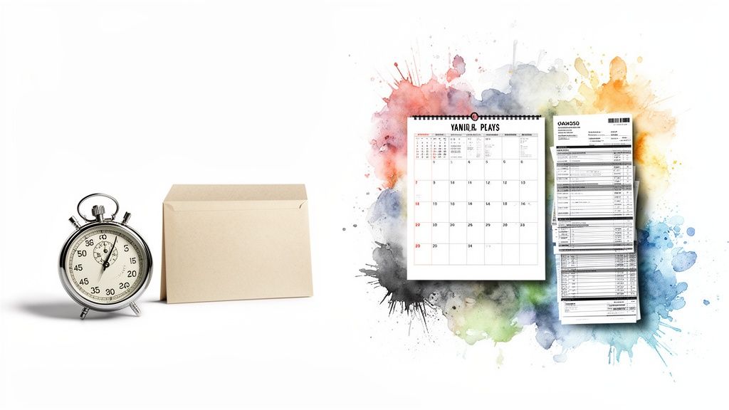 Un chronomètre, une enveloppe, un calendrier et des documents financiers sur un fond blanc avec des éclaboussures d'aquarelle.